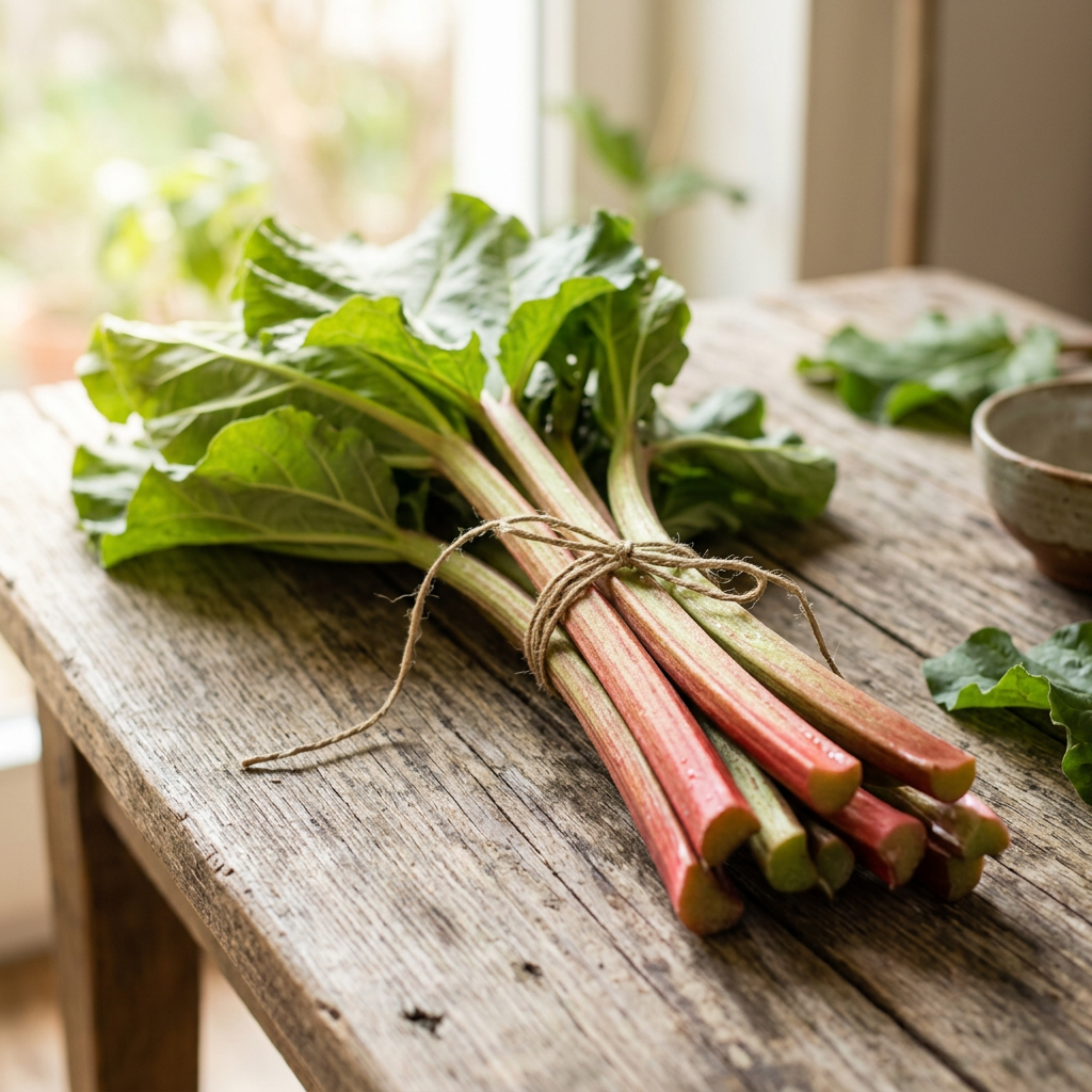 Tied bundle of fresh rhubarb stalks with green leaves on a wooden table
