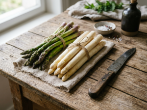 Bundles of green and white asparagus spears tied with twine on a rustic wooden table with a knife and salt bowl nearby